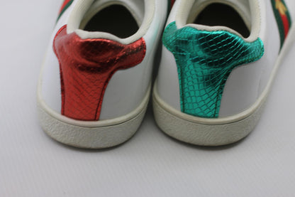 White Leather Sneakers with Red and Green Stripes and Embroied bug