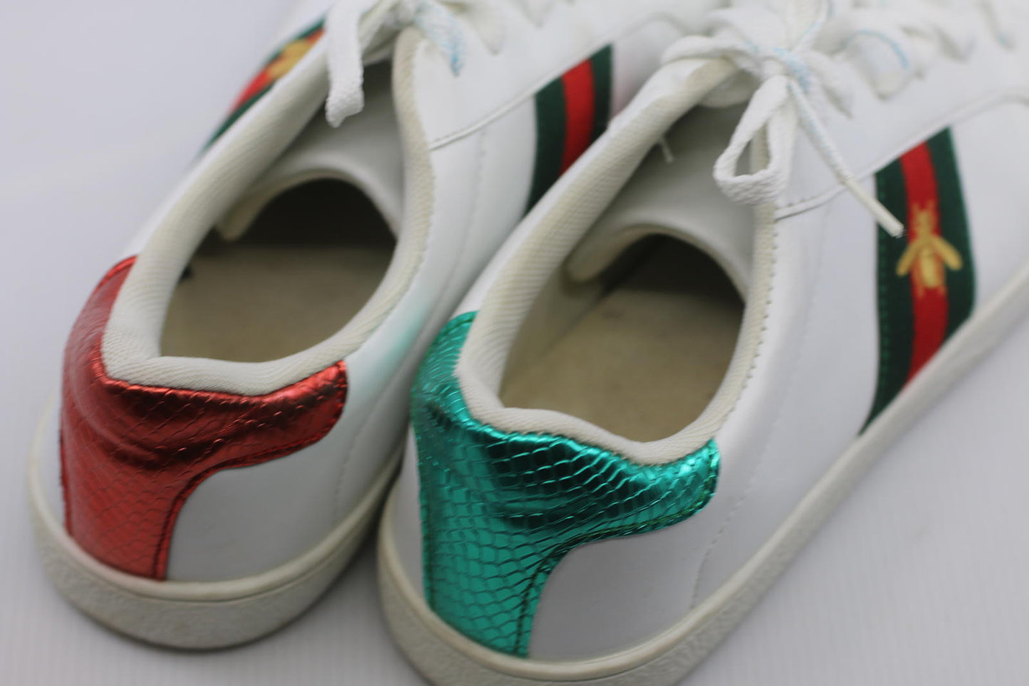 White Leather Sneakers with Red and Green Stripes and Embroied bug