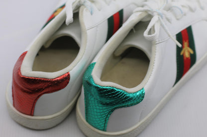 White Leather Sneakers with Red and Green Stripes and Embroied bug