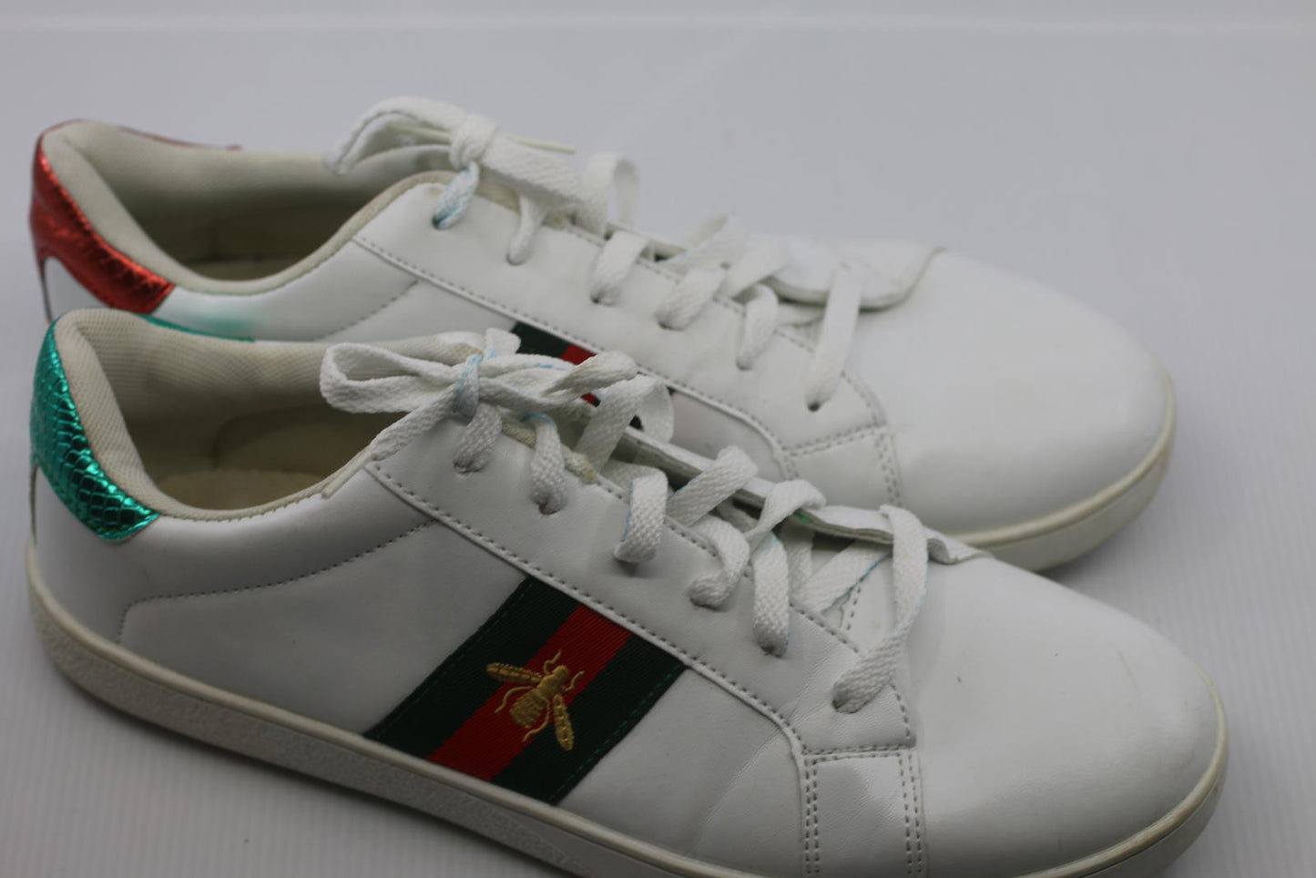 White Leather Sneakers with Red and Green Stripes and Embroied bug