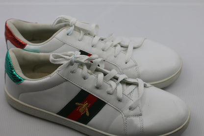 White Leather Sneakers with Red and Green Stripes and Embroied bug