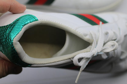 White Leather Sneakers with Red and Green Stripes and Embroied bug