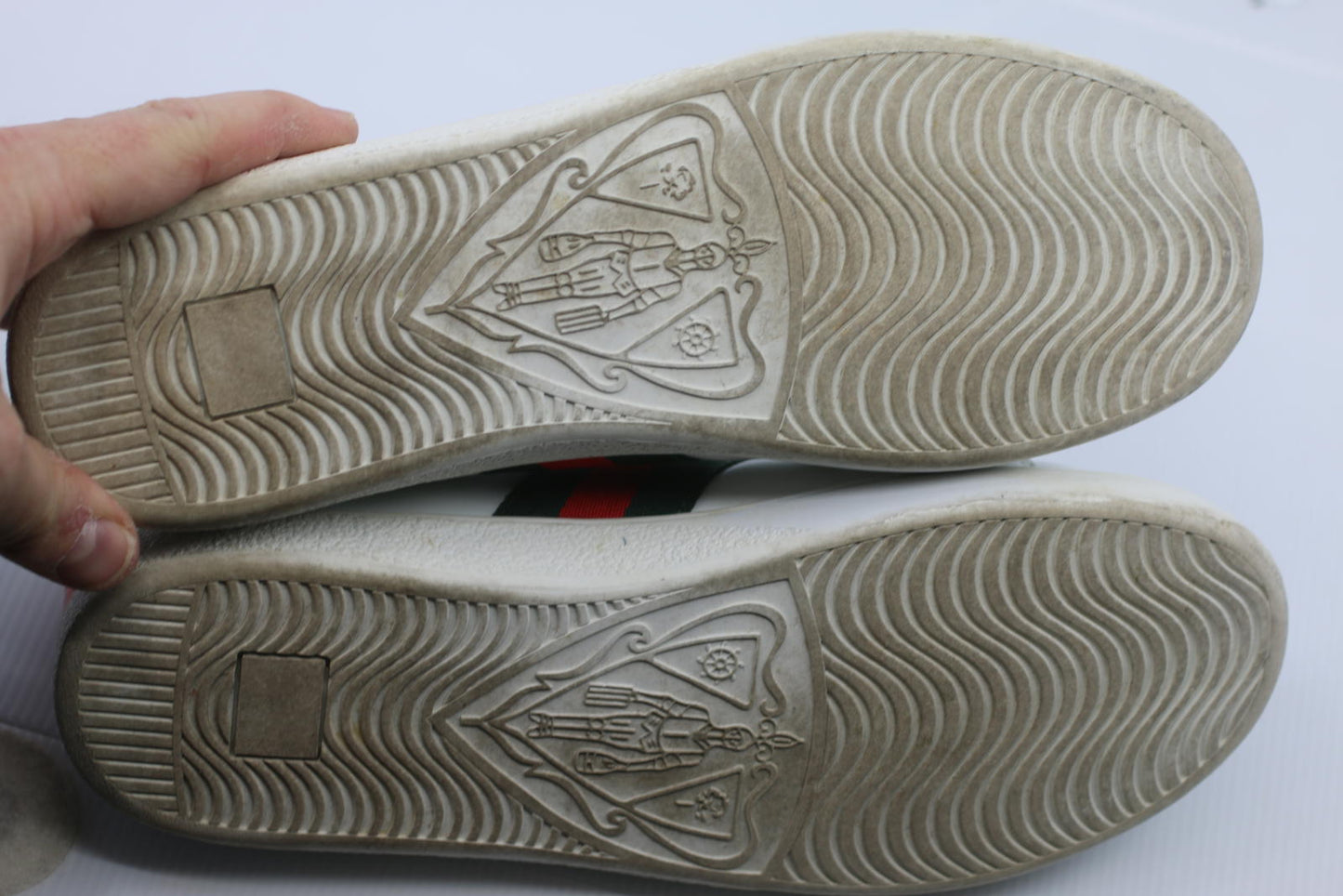 White Leather Sneakers with Red and Green Stripes and Embroied bug
