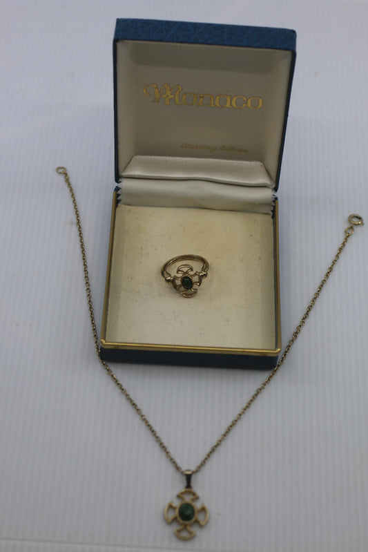 Vintage Avon Gold-Tone Necklace & Ring Set with Green Cabochon – Cross Motif