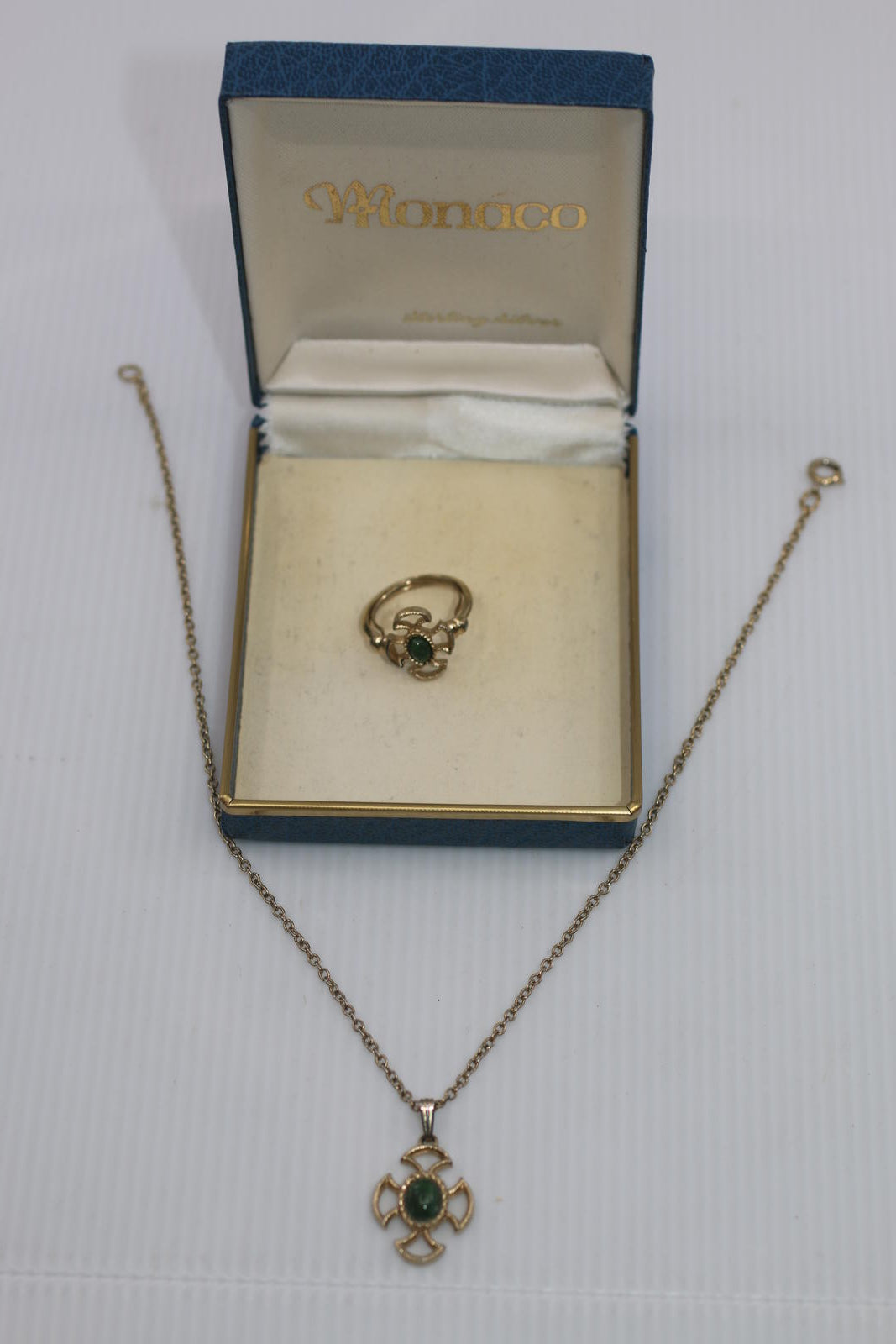 Vintage Avon Gold-Tone Necklace & Ring Set with Green Cabochon – Cross Motif