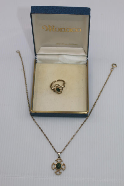 Vintage Avon Gold-Tone Necklace & Ring Set with Green Cabochon – Cross Motif