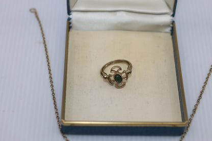 Vintage Avon Gold-Tone Necklace & Ring Set with Green Cabochon – Cross Motif