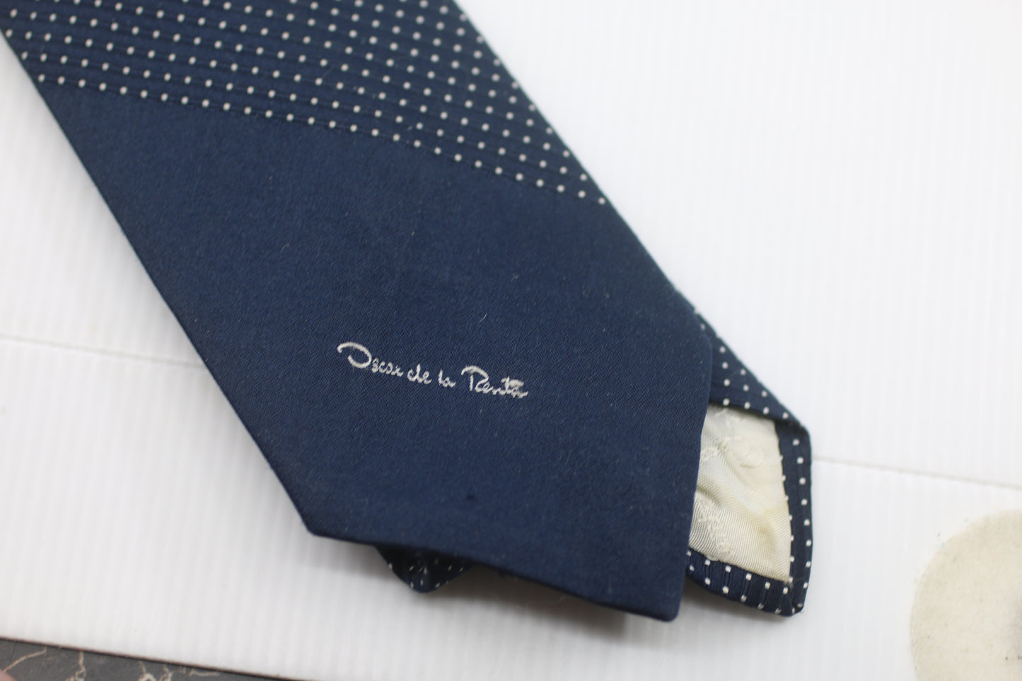 Made in Canada Oscar de la REnta Vintage Dark blue tie w/ White dot