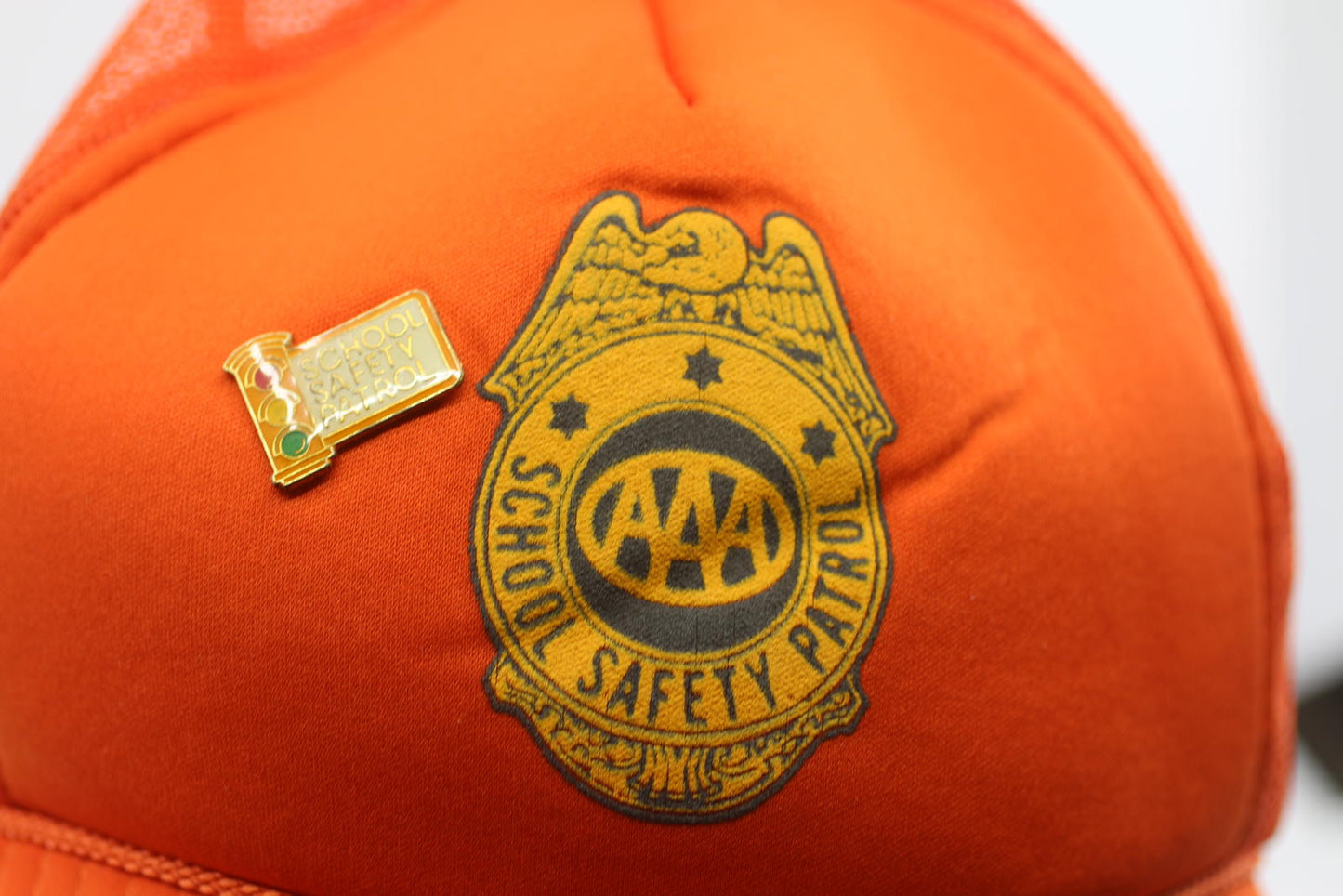 Vintage AAA School Safety Patrol Orange Mesh Cap with Pin