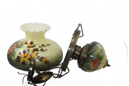 Vintage Hanging Glass Lamp with Notched Shade and Ornate Metal Support