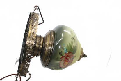 Vintage Hanging Glass Lamp with Notched Shade and Ornate Metal Support