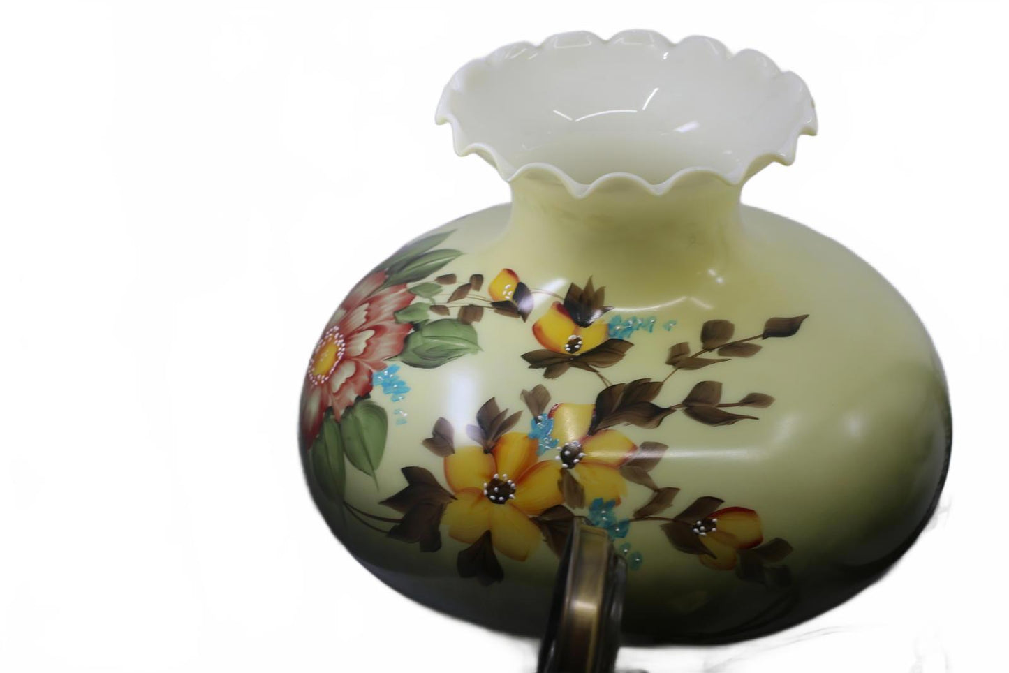 Vintage Hanging Glass Lamp with Notched Shade and Ornate Metal Support