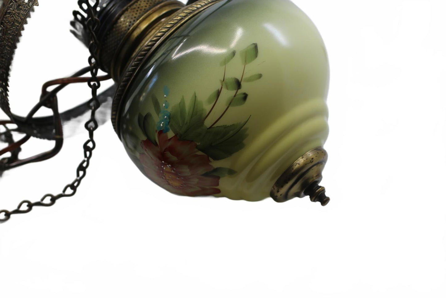 Vintage Hanging Glass Lamp with Notched Shade and Ornate Metal Support