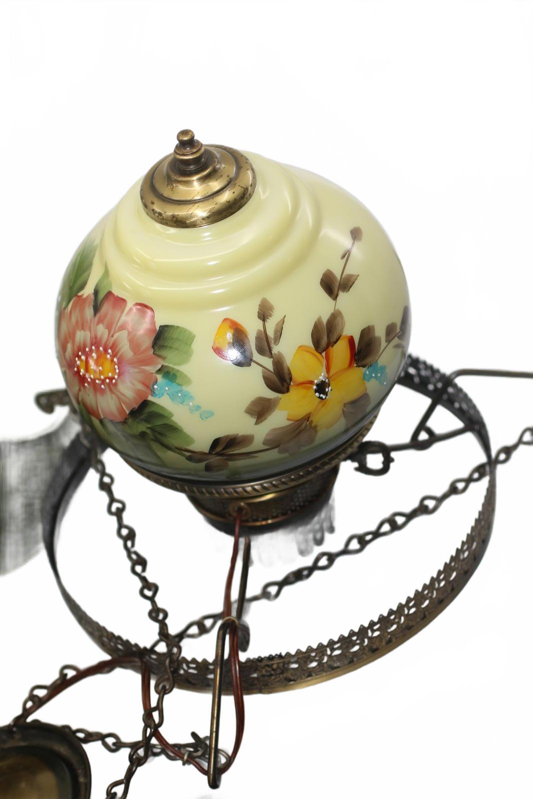Vintage Hanging Glass Lamp with Notched Shade and Ornate Metal Support