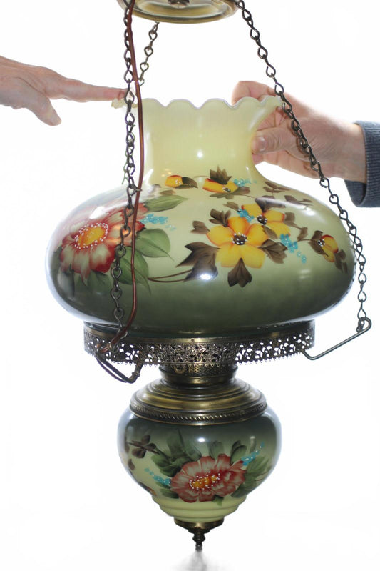 Vintage Hanging Glass Lamp with Notched Shade and Ornate Metal Support