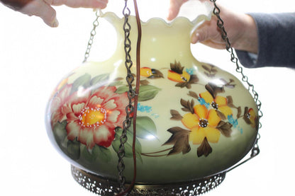 Vintage Hanging Glass Lamp with Notched Shade and Ornate Metal Support