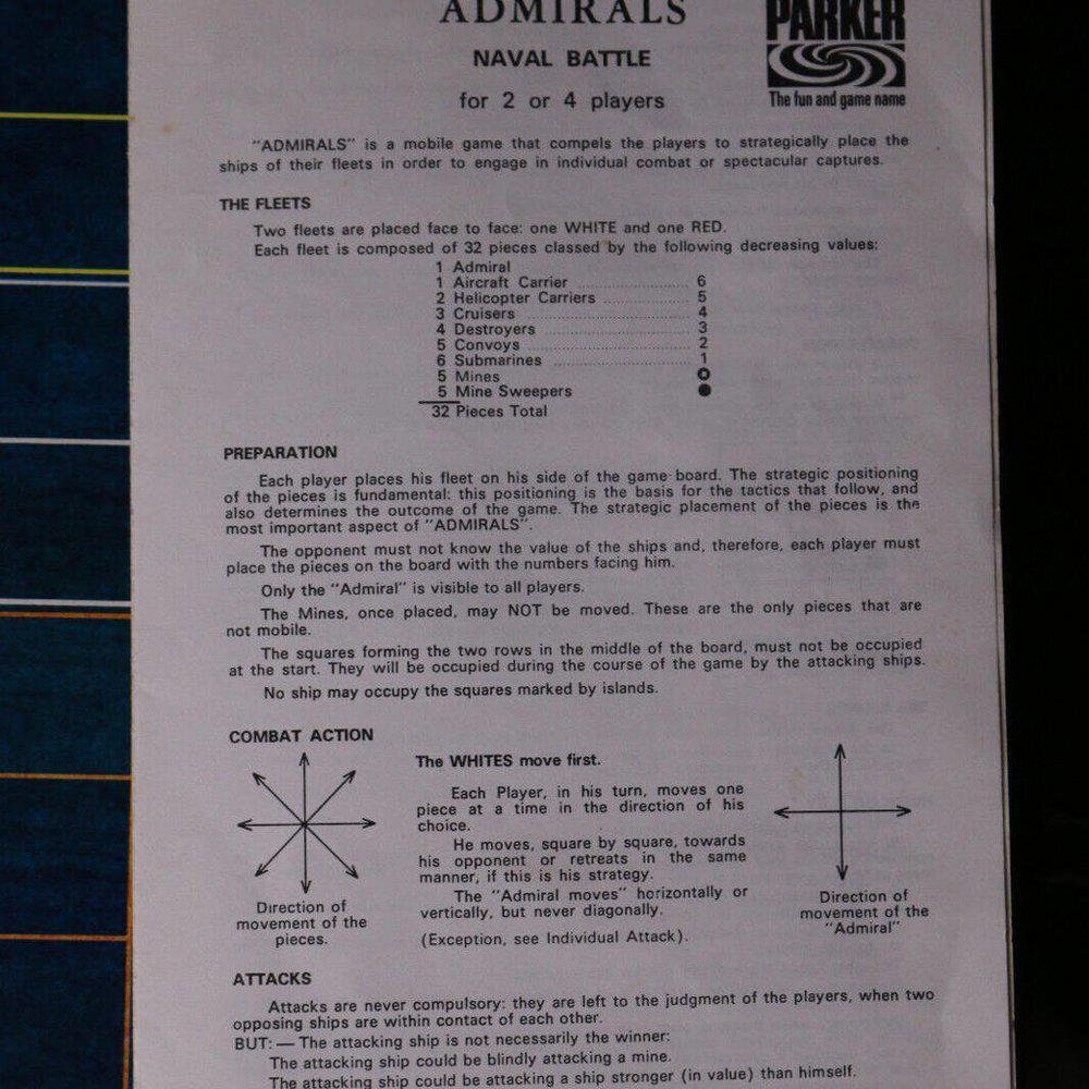 1972 Parker Brothers ADMIRALS A Game of Strategy COMPLETE Excellent Contents #2