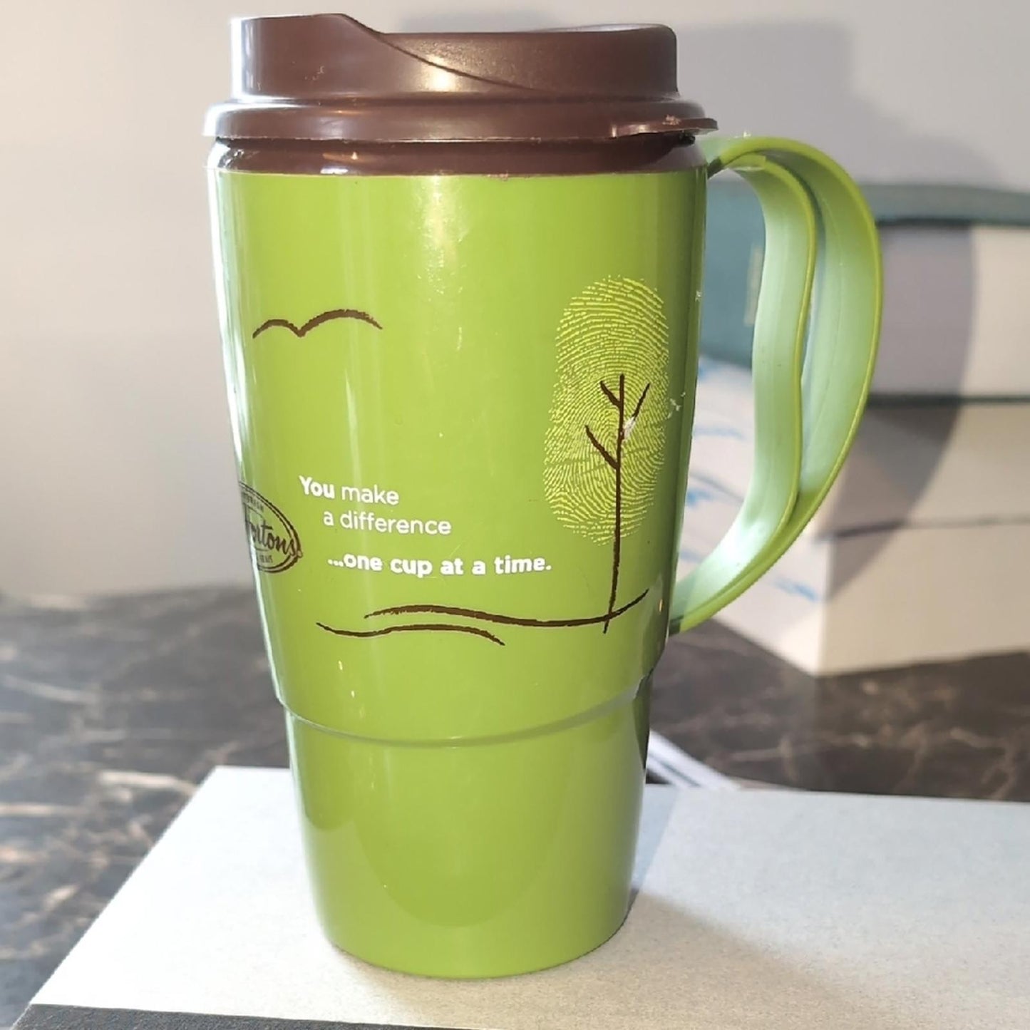Tim Hortons Green Plastic 16 oz Travel Cup Make A Difference One Cup At A Time 2