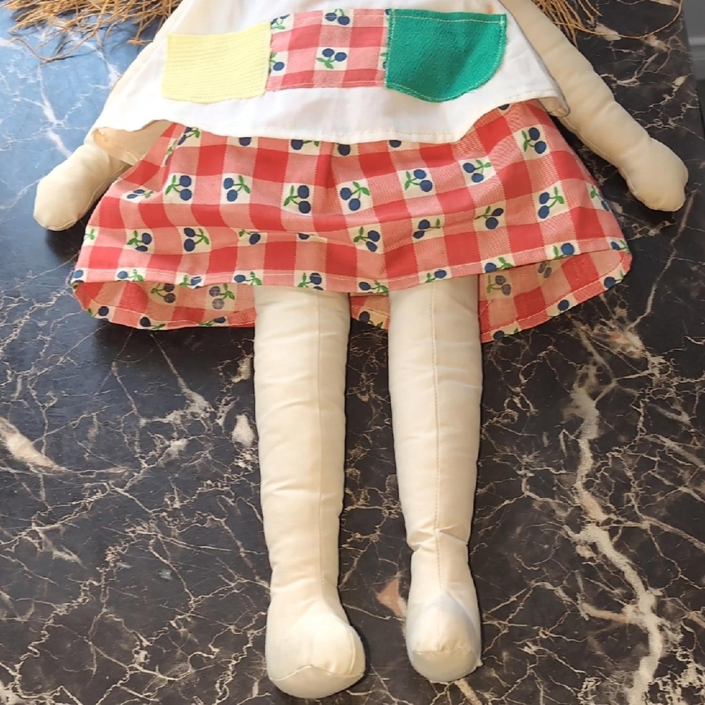 Colorful Patchwork Doll with Red and Green Dress