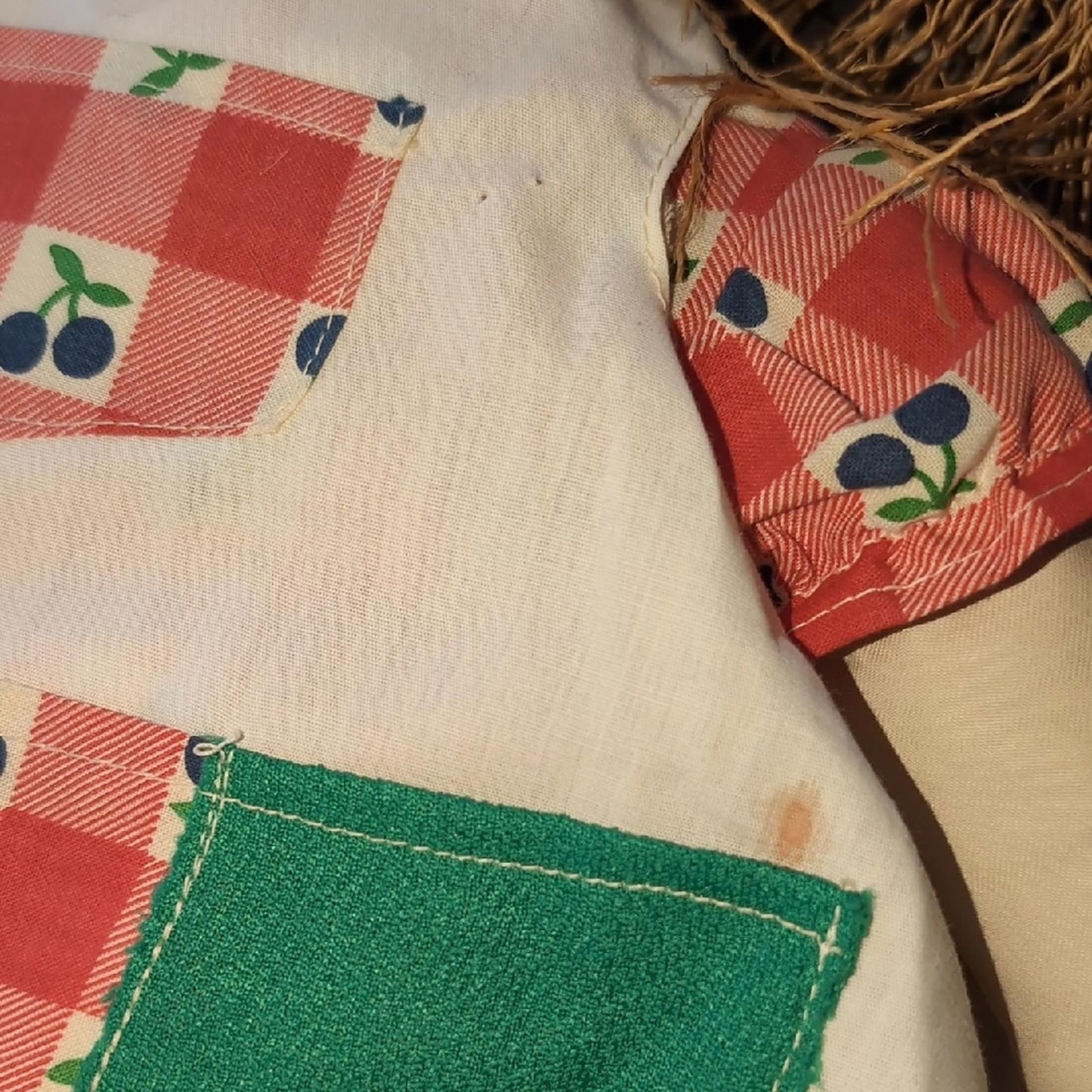 Colorful Patchwork Doll with Red and Green Dress