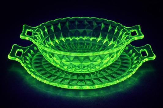 Vintage Uranium Glass Serving Bowl Set w/ Handles & Matching Underplate Diamond