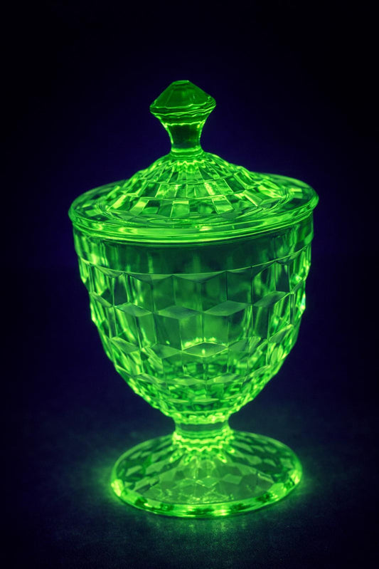 Vintage Green Pressed Glass Pedestal Candy Dish with Lid – Diamond Pattern