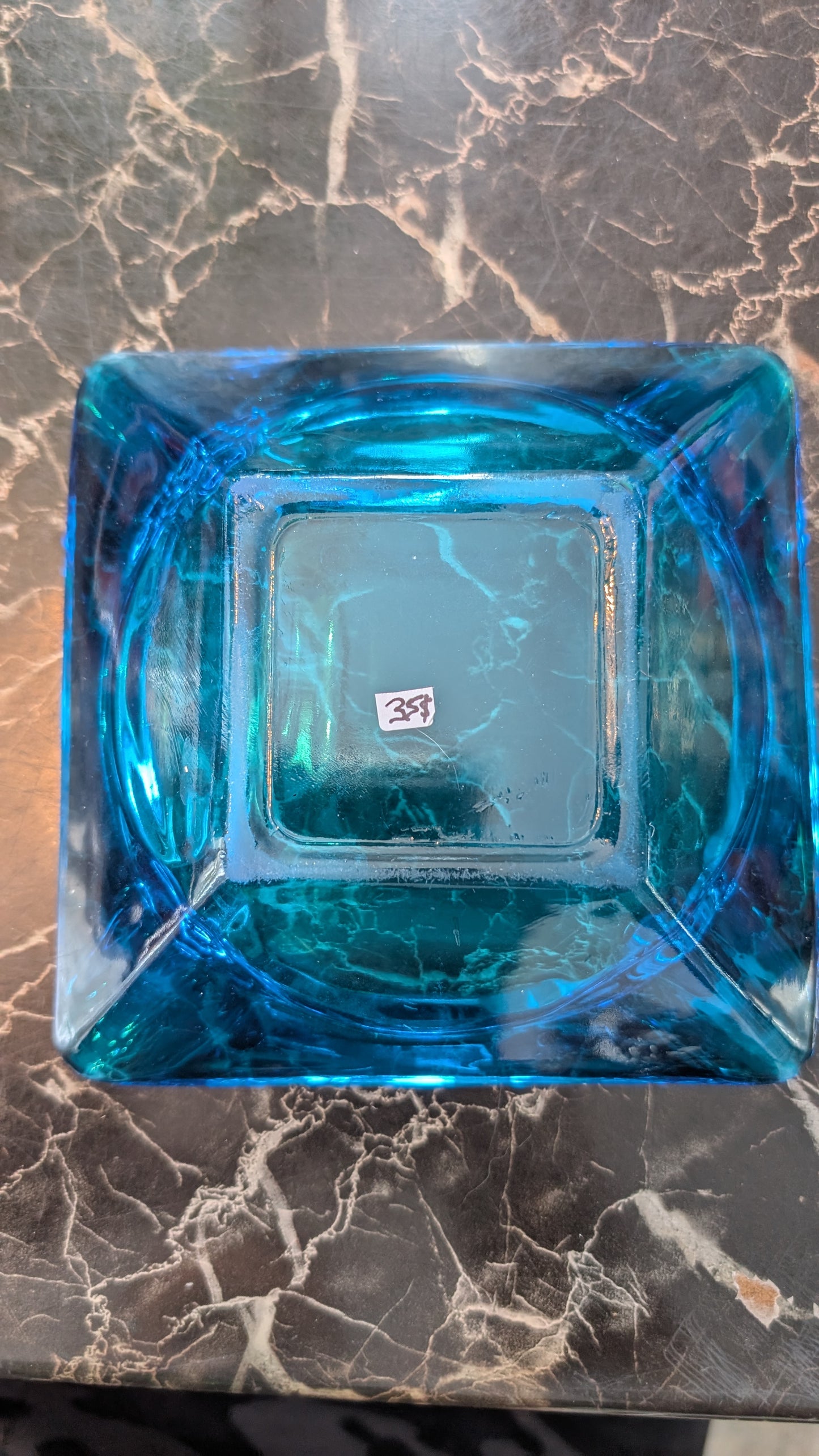 Vintage Turquoise Aqua Blue Glass Square Ashtray – Mid Century Style – Heavy Pressed Glass
