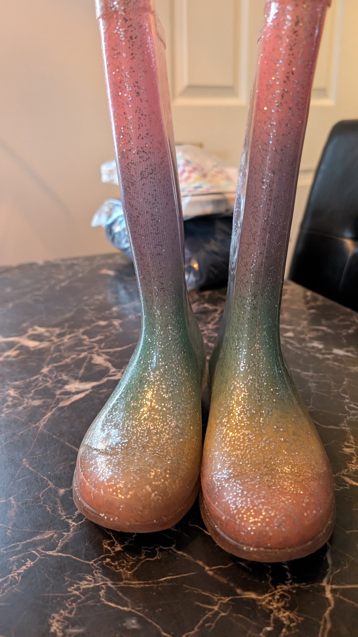 👟Girls Kids Glitter Rain Boots Pink Green Ombre Waterproof Rubber Toddler Size 12