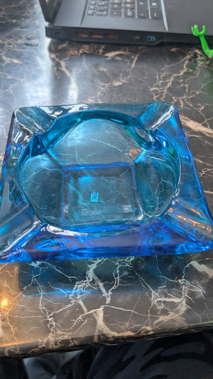 Vintage Turquoise Aqua Blue Glass Square Ashtray – Mid Century Style – Heavy Pressed Glass