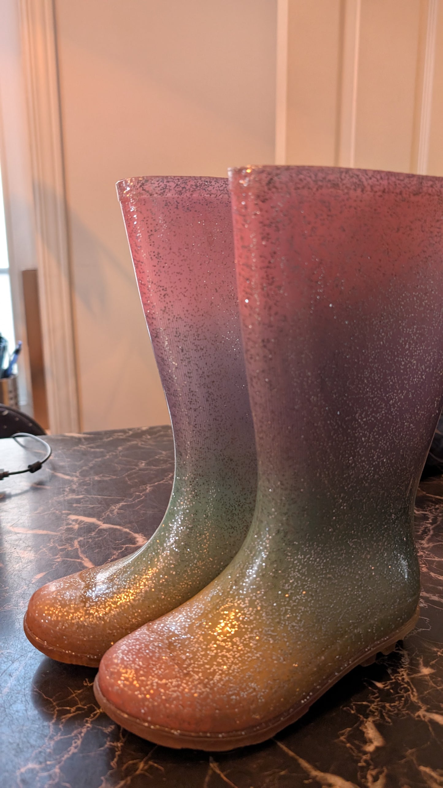 👟Girls Kids Glitter Rain Boots Pink Green Ombre Waterproof Rubber Toddler Size 12