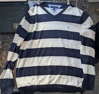 Tommy Hilfiger Men’s V-Neck Striped Sweater Navy white XXL Cotton Knit Pullover