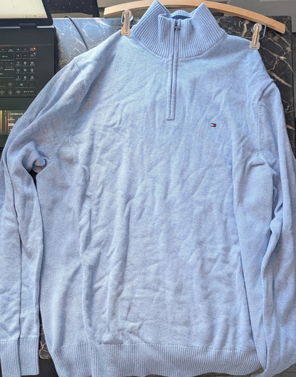 Tommy Hilfiger Men’s 1/4 Zip Knit Sweater Light Blue Cotton Size XXL