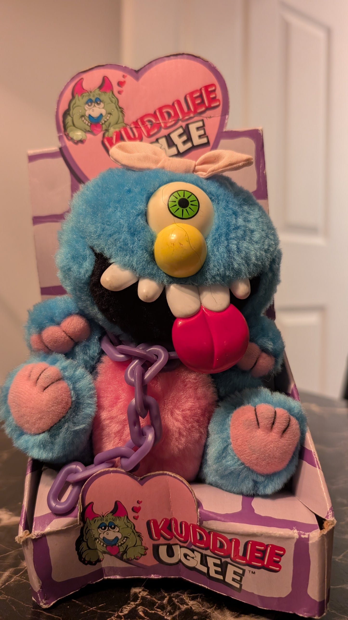 Vintage 1980s Kuddlee Uglee Monster Plush w/ Chain – Original Box – Tara Toys