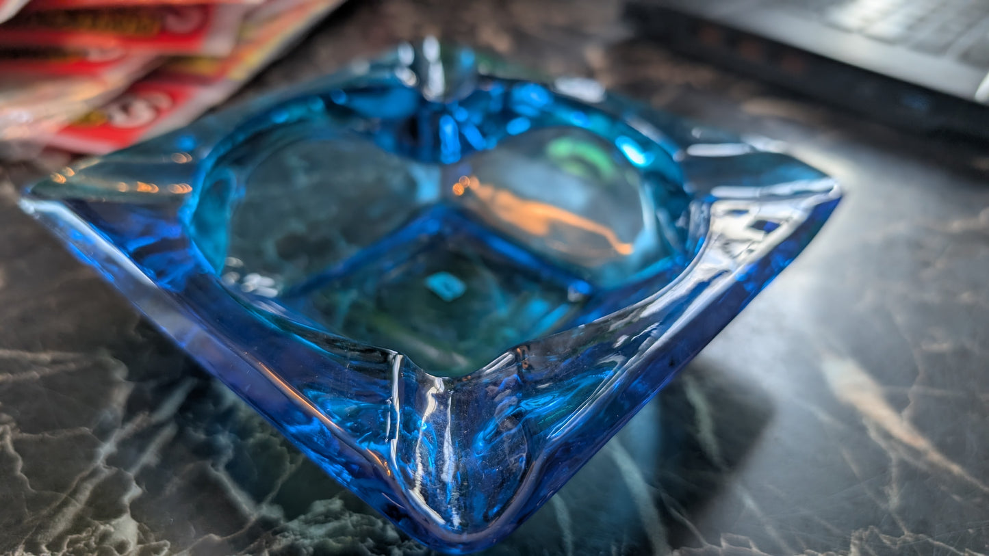 Vintage Turquoise Aqua Blue Glass Square Ashtray – Mid Century Style – Heavy Pressed Glass