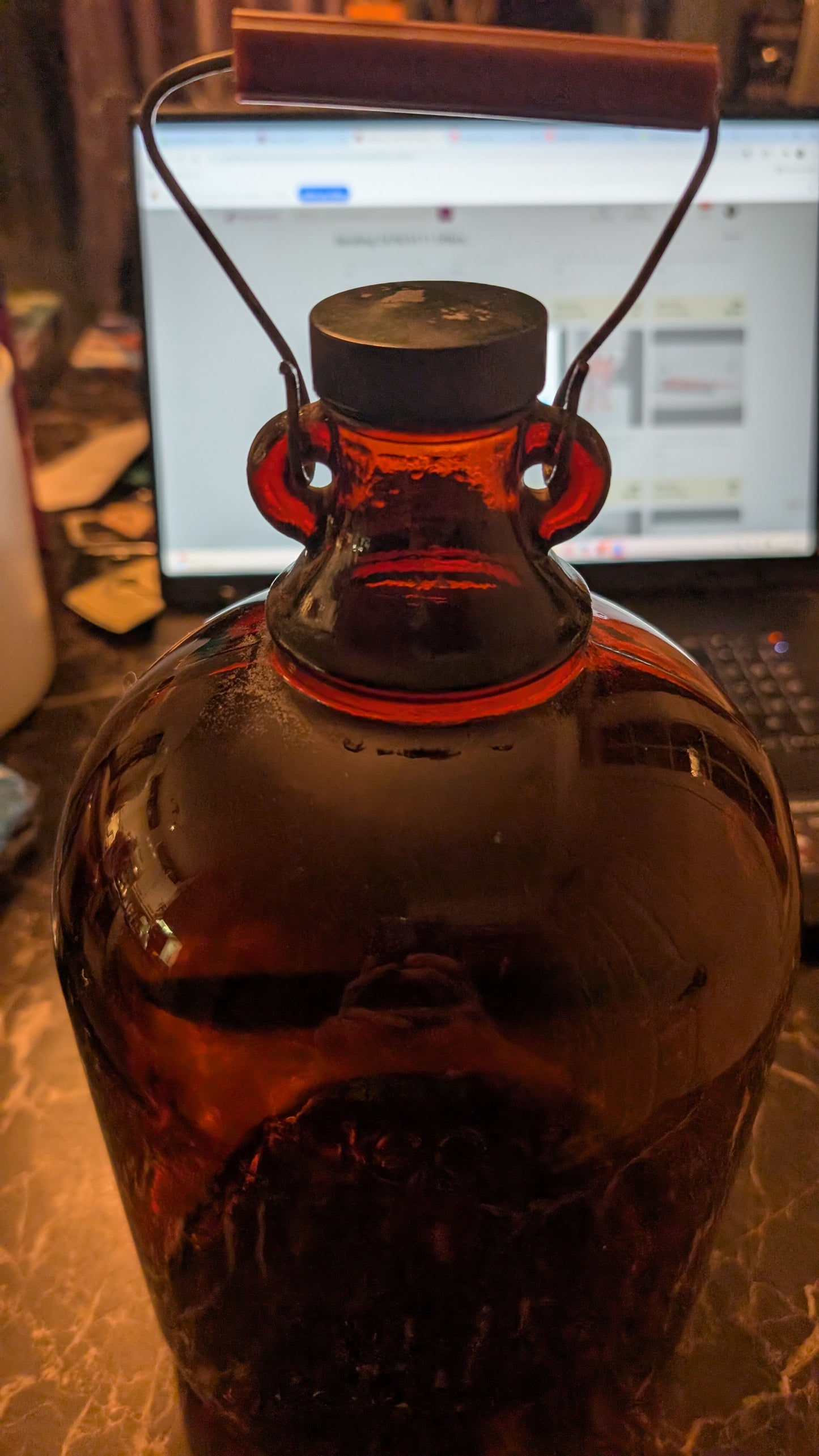 Vintage Amber Glass Jug 160 oz – Made in Canada – Wire Handle Brown Bottle