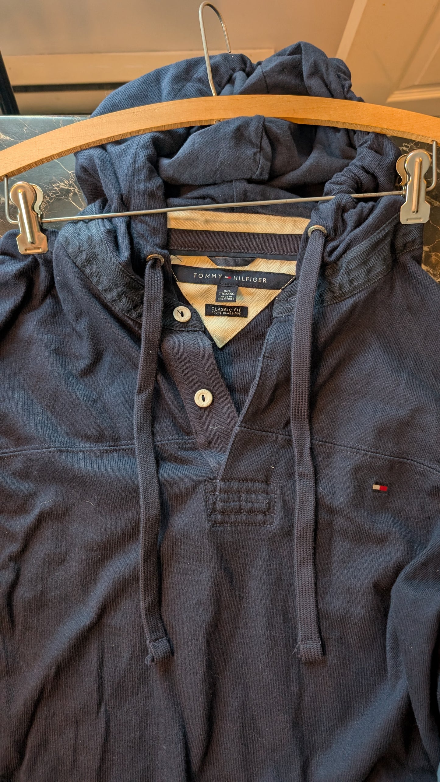 Tommy Hilfiger Classic Fit Hoodie Henley Pullover Navy Blue XXL