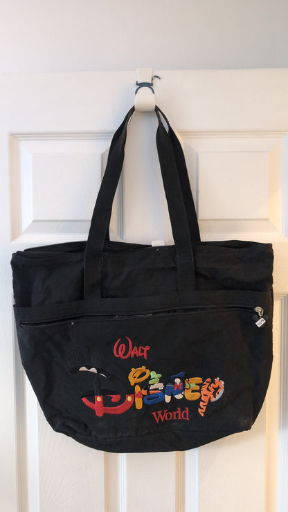 Walt Disney World Shoulder Tote Bag 20" Weekender Black Embroidered Characters