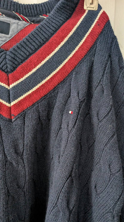 Tommy Hilfiger Men’s XXL Cable Knit V-Neck Sweater Navy Red White Preppy
