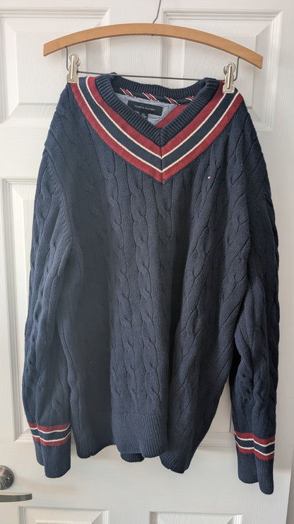Tommy Hilfiger Men’s XXL Cable Knit V-Neck Sweater Navy Red White Preppy