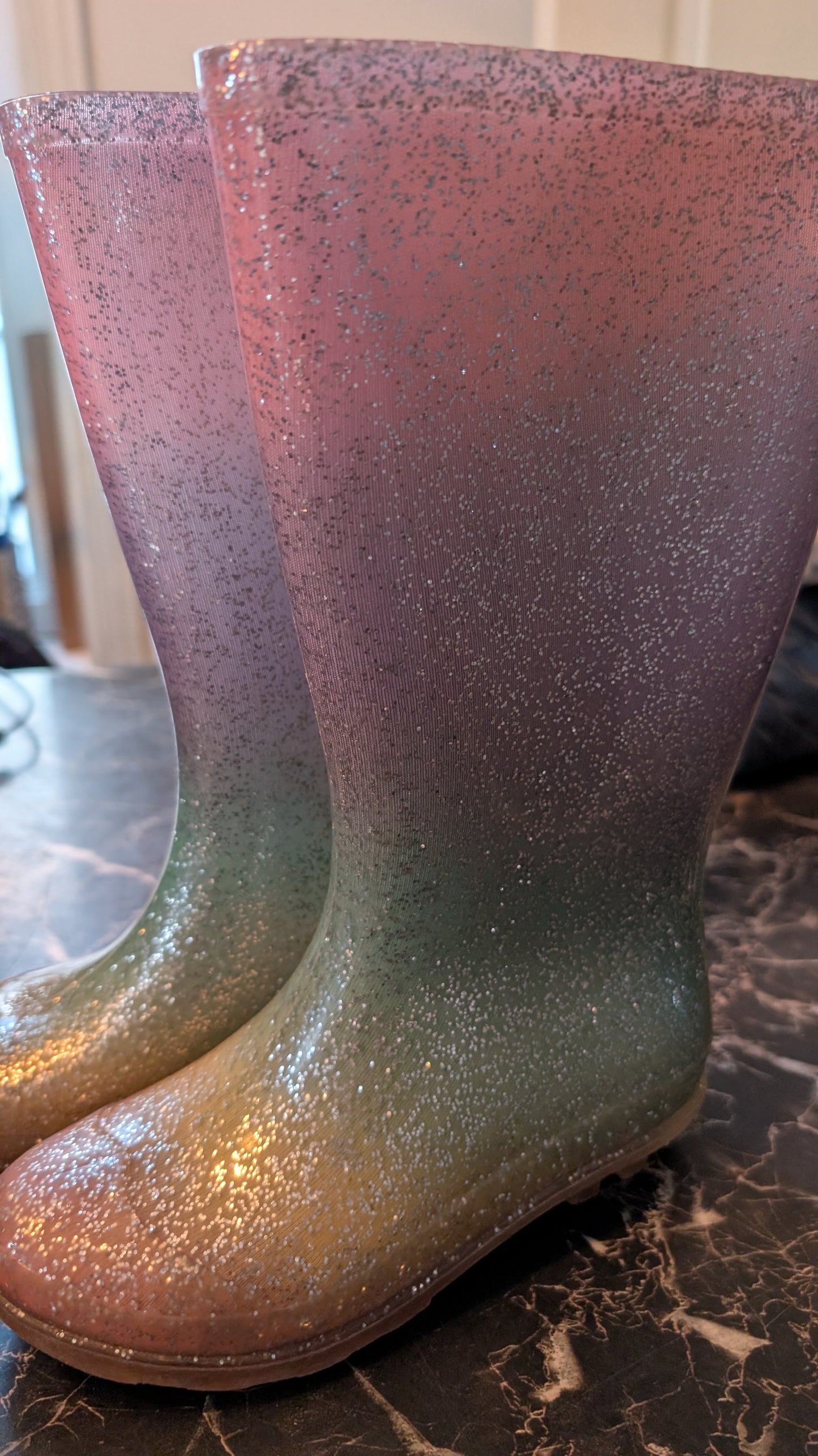 👟Girls Kids Glitter Rain Boots Pink Green Ombre Waterproof Rubber Toddler Size 12