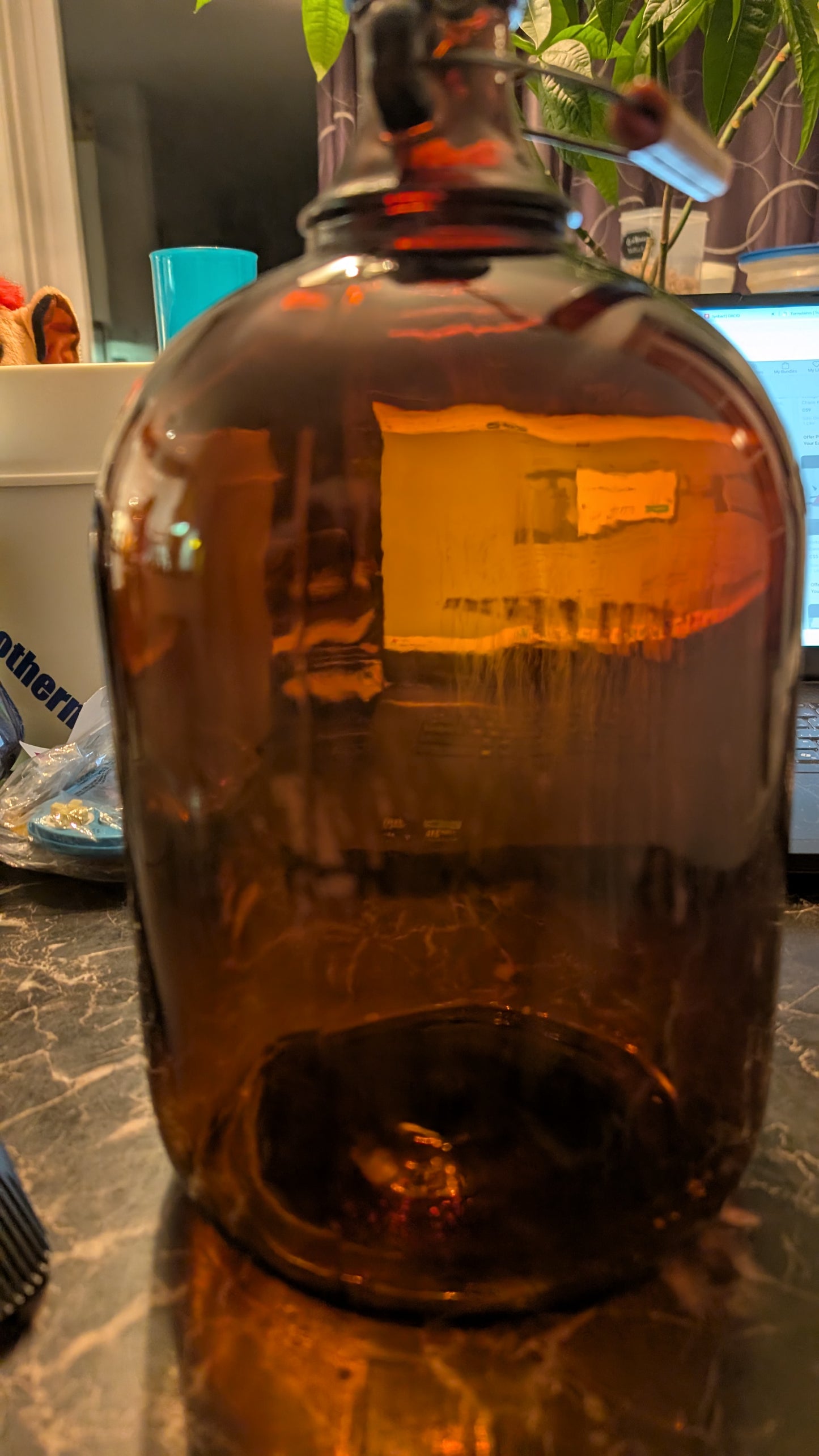 Vintage Amber Glass Jug 160 oz – Made in Canada – Wire Handle Brown Bottle