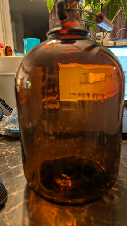 Vintage Amber Glass Jug 160 oz – Made in Canada – Wire Handle Brown Bottle