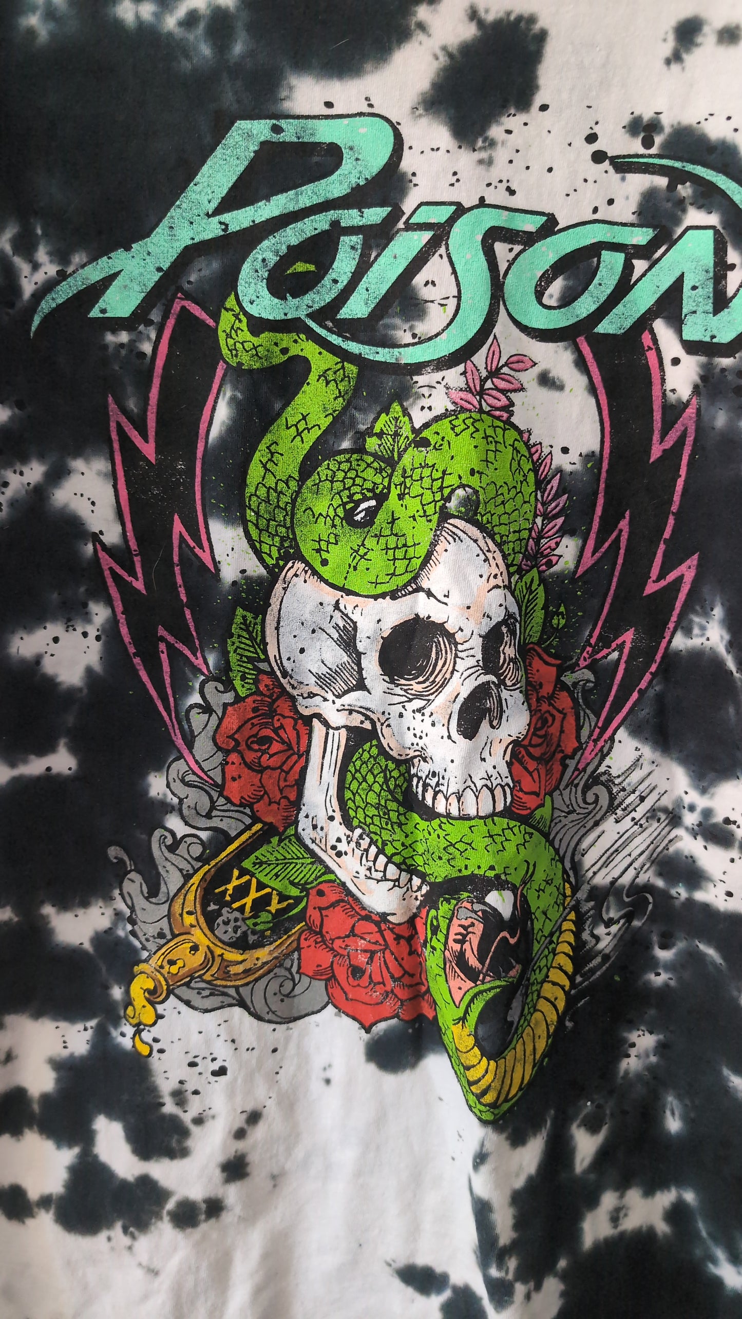 Poison Band T-Shirt Skull Snake Graphic Tie Dye Black Adult Medium