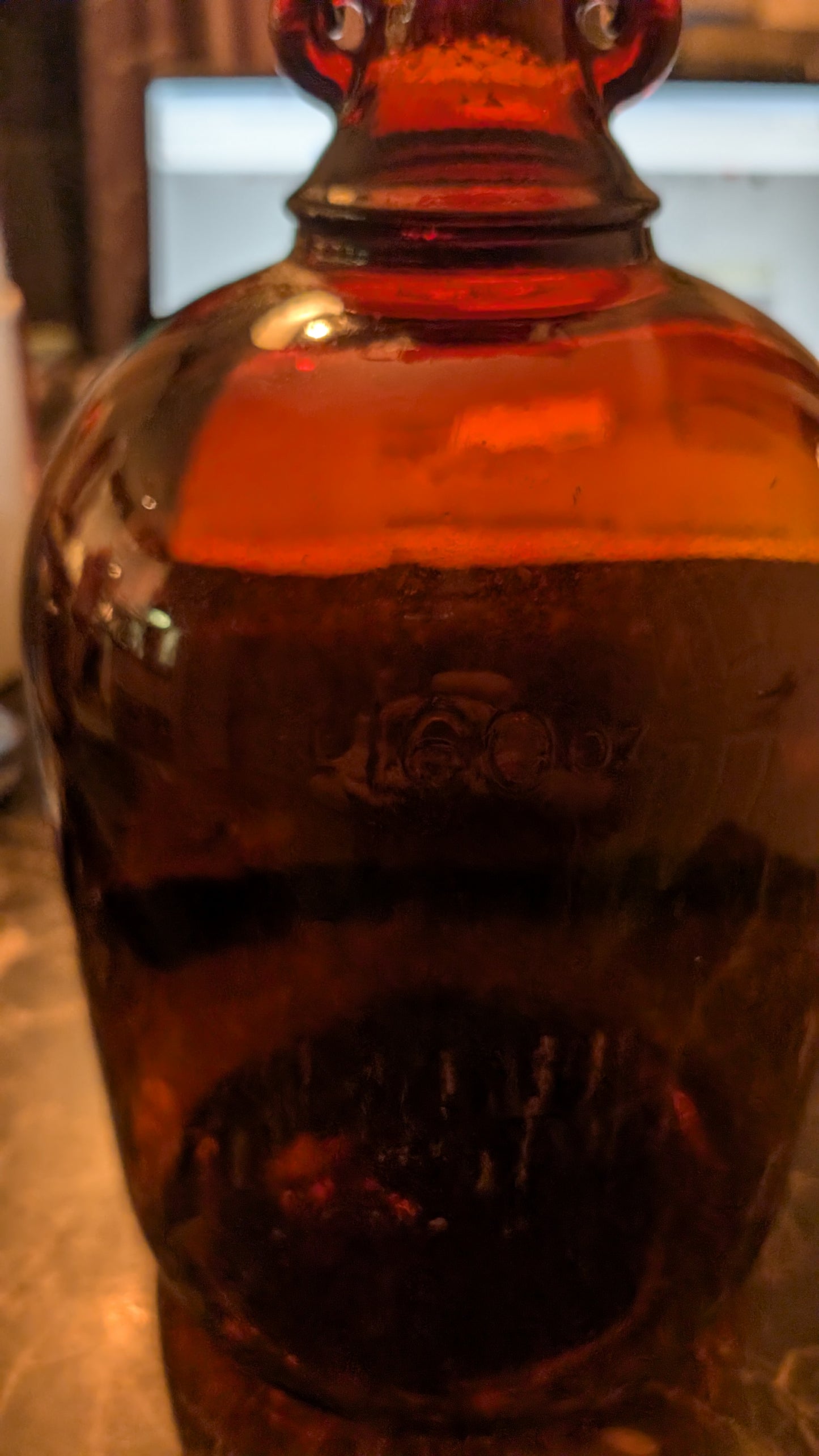 Vintage Amber Glass Jug 160 oz – Made in Canada – Wire Handle Brown Bottle