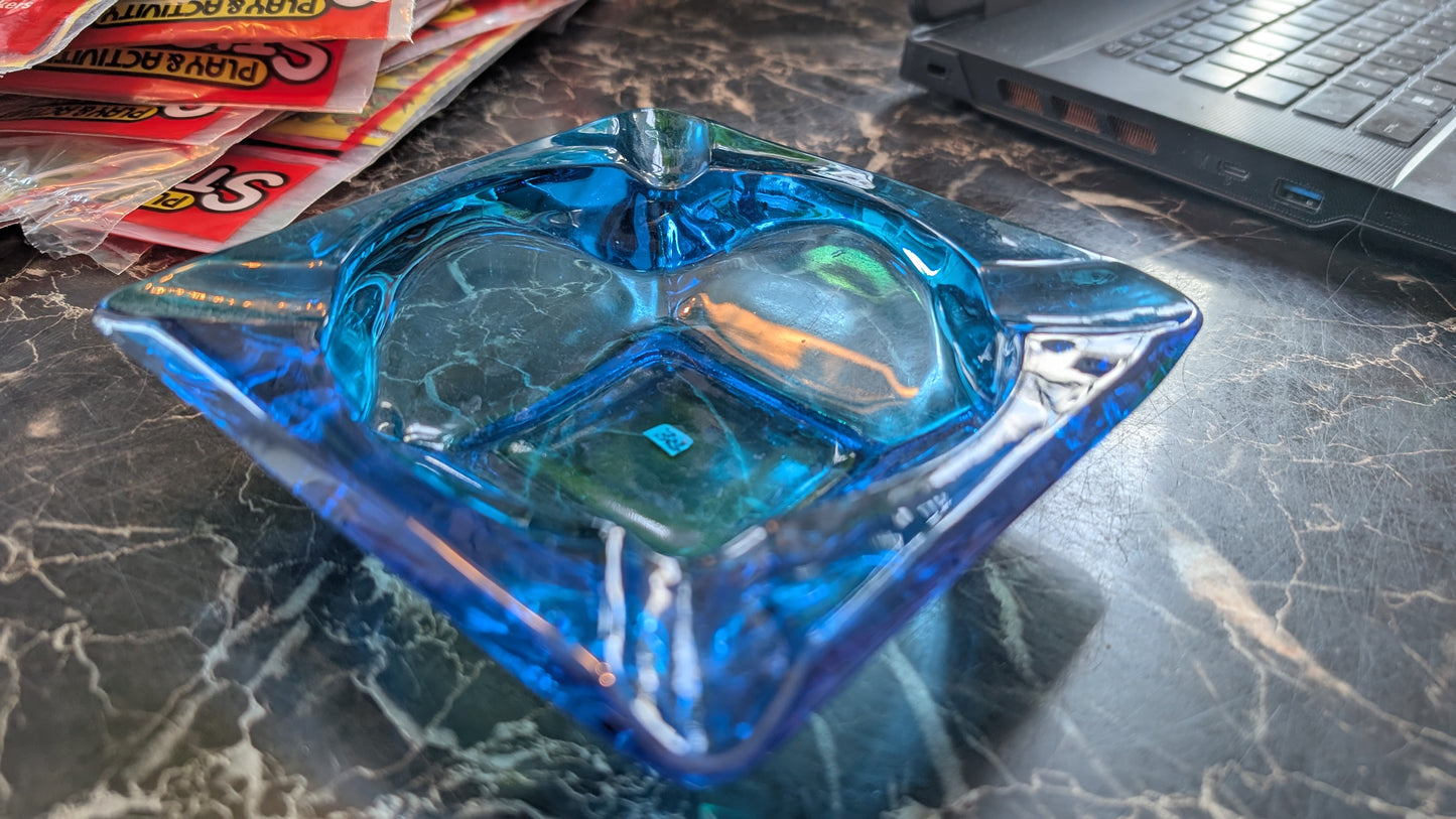 Vintage Turquoise Aqua Blue Glass Square Ashtray – Mid Century Style – Heavy Pressed Glass