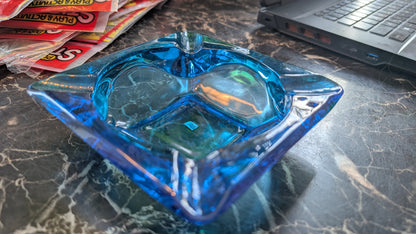 Vintage Turquoise Aqua Blue Glass Square Ashtray – Mid Century Style – Heavy Pressed Glass