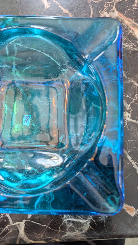 Vintage Turquoise Aqua Blue Glass Square Ashtray – Mid Century Style – Heavy Pressed Glass