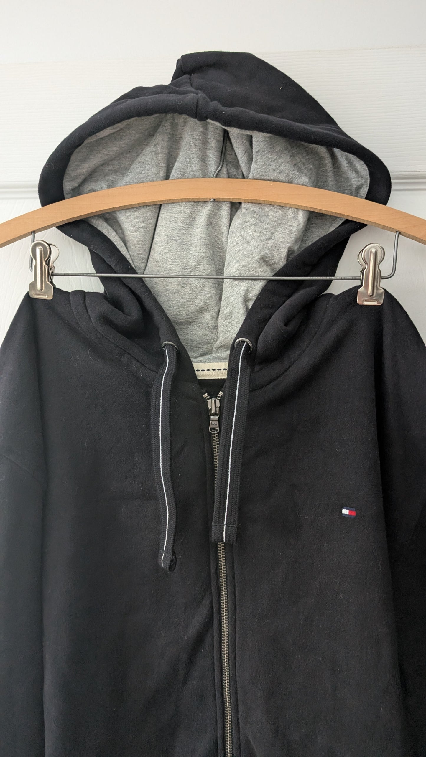 Tommy Hilfiger Full Zip Hoodie Black XXL Fleece Lined Logo Flag Hooded Sweatshirt