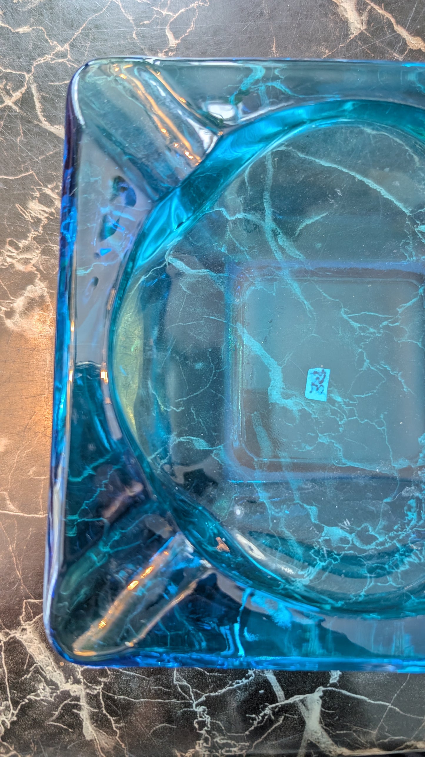 Vintage Turquoise Aqua Blue Glass Square Ashtray – Mid Century Style – Heavy Pressed Glass