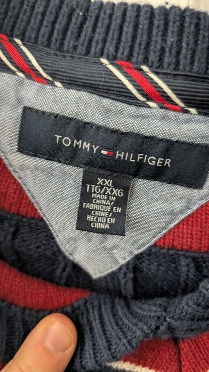 Tommy Hilfiger Men’s XXL Cable Knit V-Neck Sweater Navy Red White Preppy